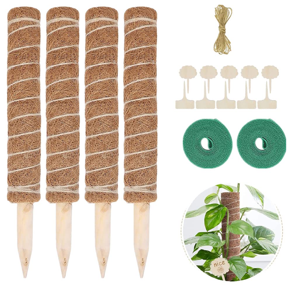 Pack of 4 40 cm Monstera Moss Stick Plant Stake with 10 Plant Signs, 2 Rolls of Velcro Cable Ties and 2 m Jute Cord for Plant Name Planting Time Home Garden Plant Support