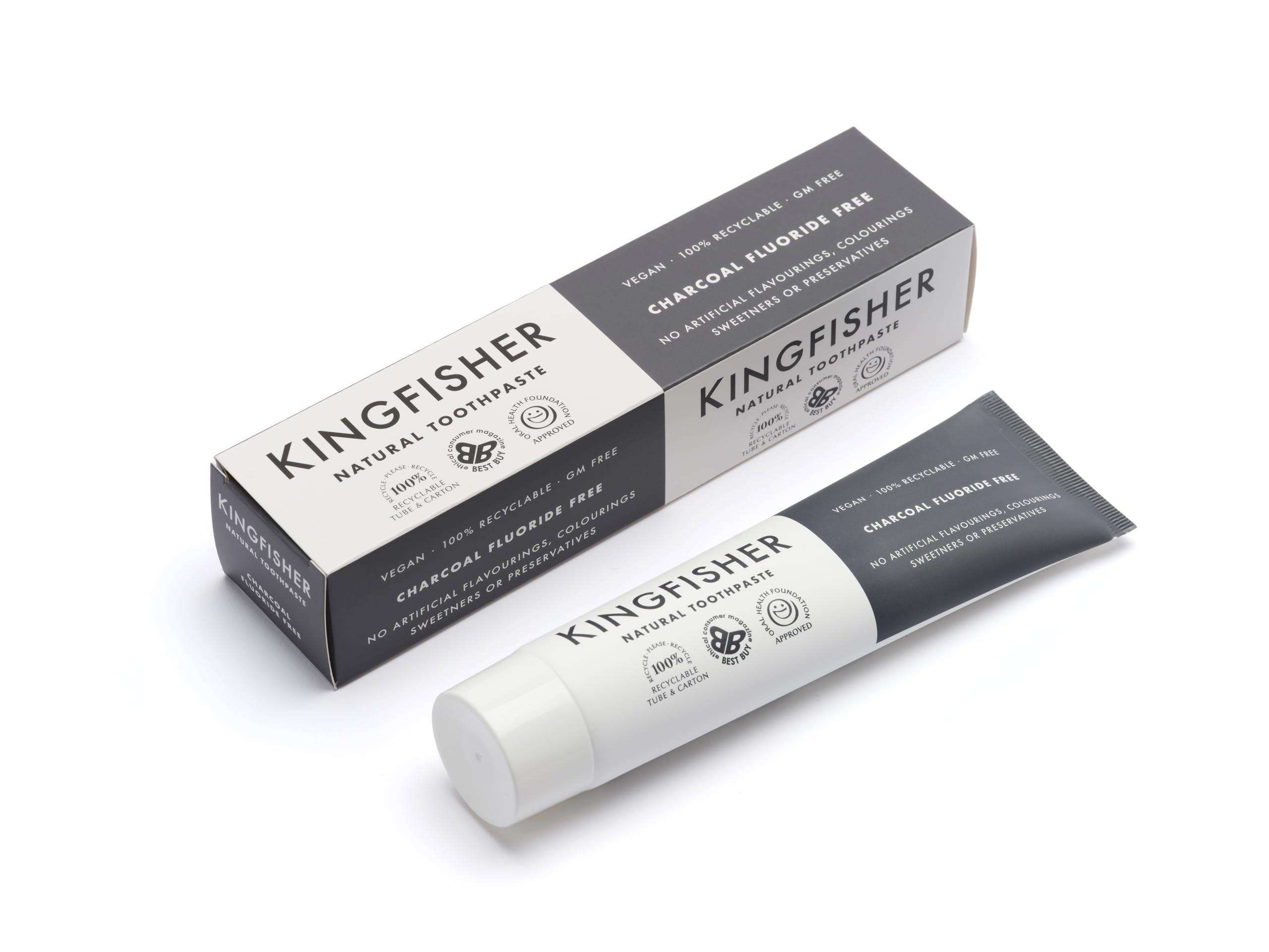 Kingfisher Natural Toothpaste Charcoal Mint Fluoride-Free | Vegetarian & Vegan | Oral Health Foundation Approved | Gluten-Free & GM-Free | Ethical Consumer Best Buy | 1x100ml Tube