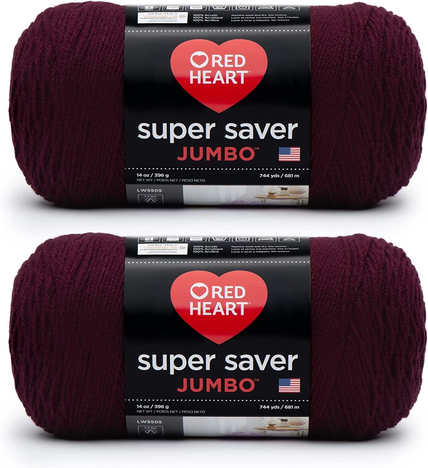 Red Heart Super Saver Jumbo Claret Yarn - 2 Pack of 396g/14oz - Acrylic - 4 Medium (Worsted) - 744 Yards - Knitting/Crochet — image 1