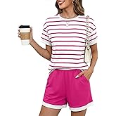 Blingfit Womens 2 Piece Lounge Set Short Sleeve Summer Vacation Outfits Casual Matching Sets Soft Shorts with Pockets
