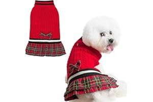 PAWCHIE Dog Sweater Dress with Bowtie - Dog Turtleneck Pullover Knitwear for Small Dogs Girls Cold Weather Sweater with Leash Hole, Suitable for Small Medium Dogs Puppies