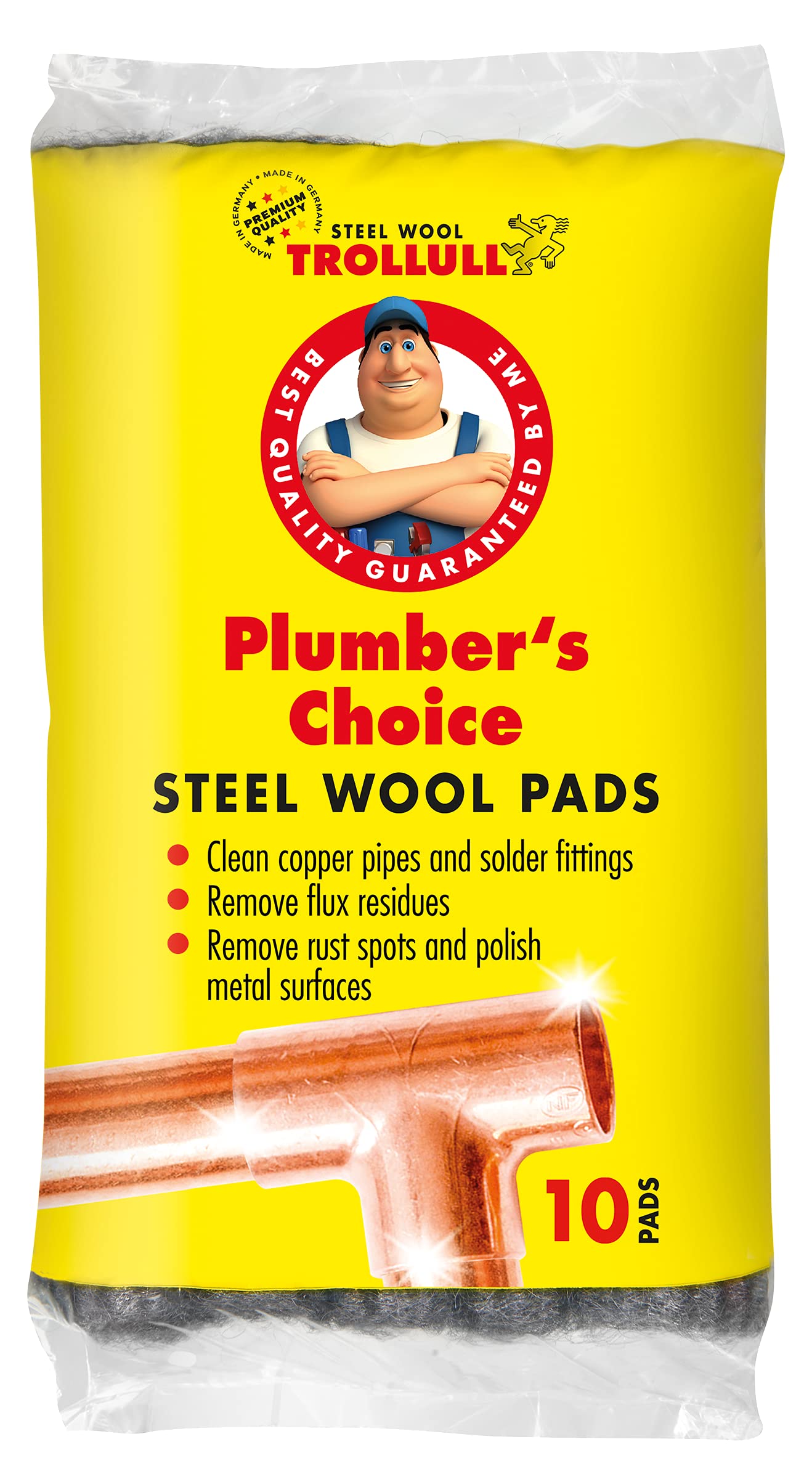 TROLLULL Steel Wool | Wire Wool Plumber’s Choice, clean copper pipes and fittings, brass and aluminium surfaces, removes surface rust, 10 pads