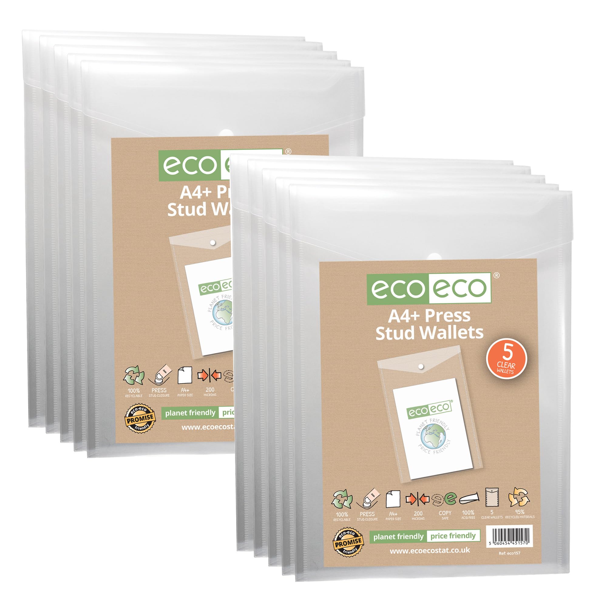 eco-eco A4 50% Recycled Clear Transparent Portrait Press Stud Popper Wallet, Plastic Folders 330x235mm (Pack of 10), 200mic, eco157x2
