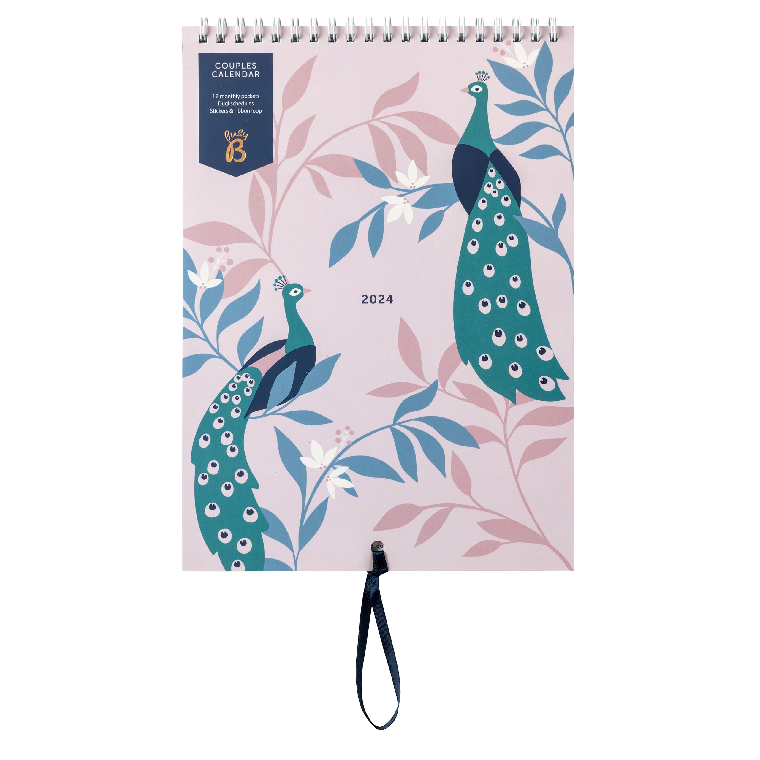 Busy B Couples Wall Calendar January to December 2024 – Peacocks – Slim Year Planner for Two with Columns, Monthly Pockets & Stickers