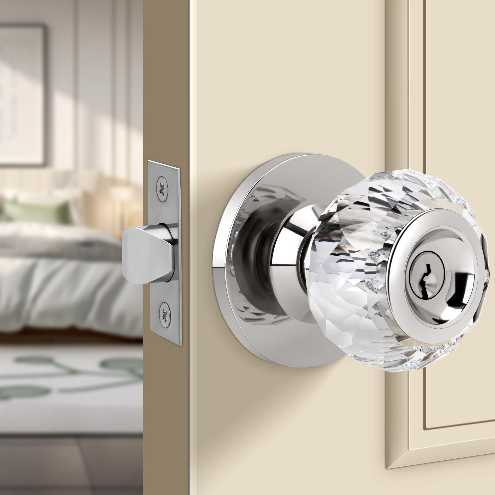 Photo 1 of Moquin Crystal Door Knob with Keys, Round Style Glass Door Knob with Privacy Lock, Satin Nickel Classic Interior Crystal Doorknob for Bedroom, Bathroom