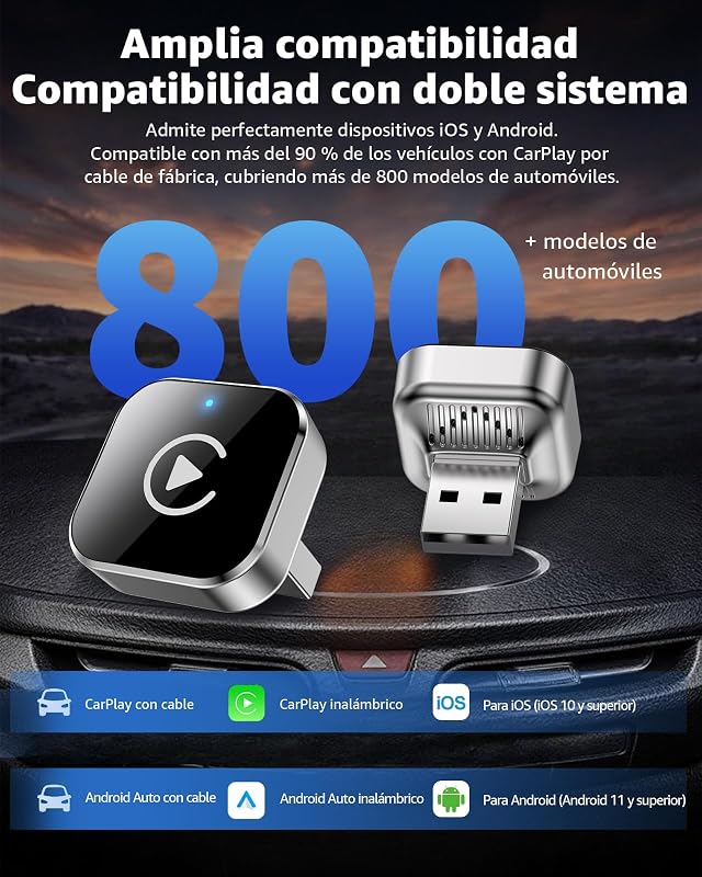 Adaptador CarPlay sem fios para automóvel, Mini 2-em-1 CarPlay e conversor sem fios Android Auto, ligação sem fios, USB/USB-C Plug & Play, WiFi dual band, ligação automática rápida