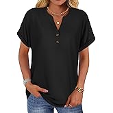 rosemia Womens Short Sleeve Shirts V Neck Dressy Casual Blouses Summer Loose Fitting Henley Tops
