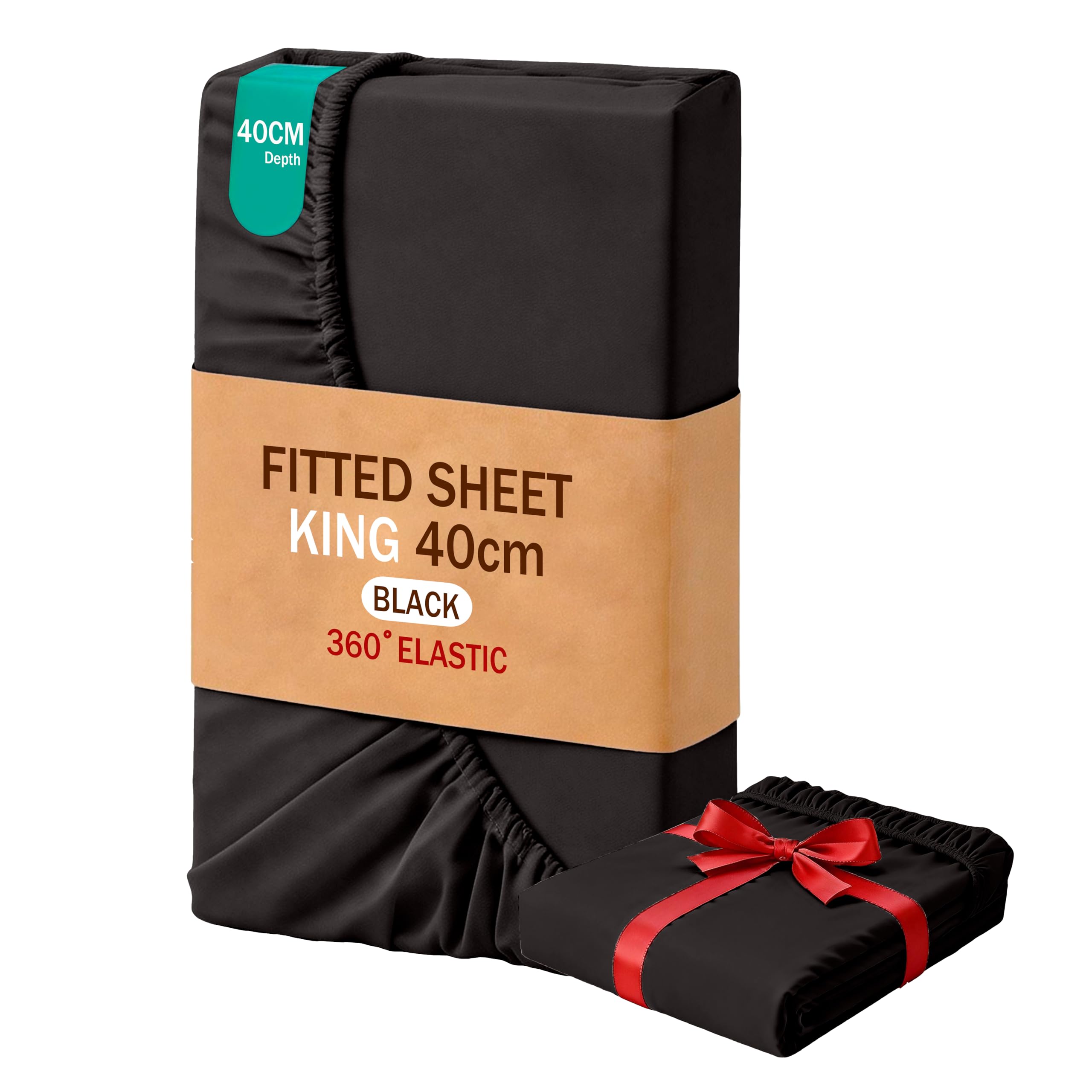 MOHAP King Size Fitted Sheet Black with Extra Deep 16 inch 40 cm Pocket Bed Sheet Only Bedsheet Brushed Microfiber Bottom Sheet for King Bed 150x200 Black — image 1