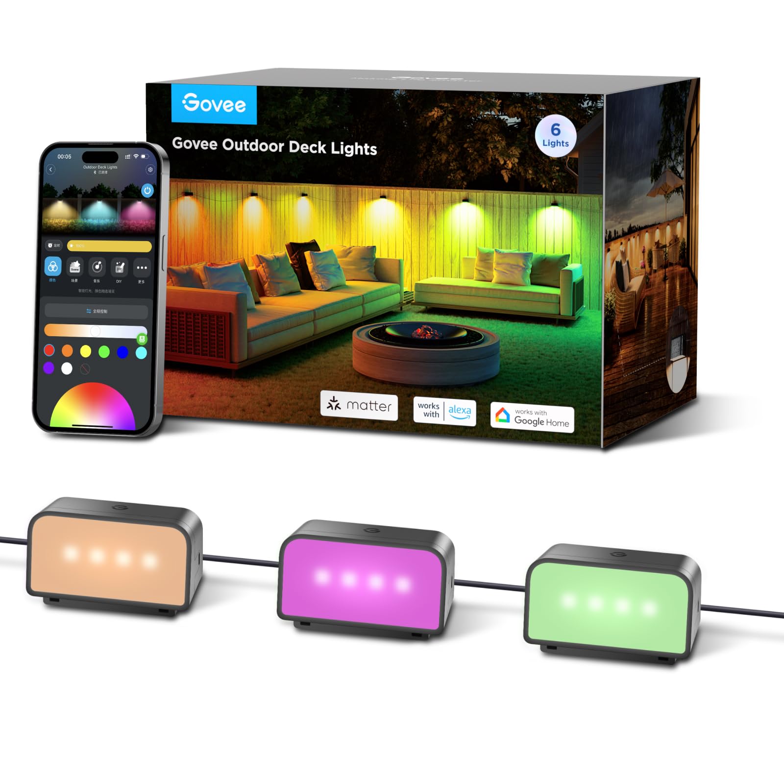 Govee Outdoor Fence Wall Light, RGBWIC Outdoor Garden with 4000K White Light, App Control, Music Sync and 60+ Scene Modes, IP65 Waterproof for Garden Fence, Yard, Works with Alexa and Matter,Pack of 6