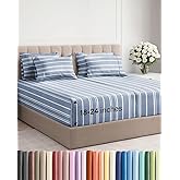 Extra Deep Split King Sheet Set - 7 Piece Breathable and Cooling Sheets - Hotel Luxury Bedding for Women, Men, Kids & Teens - Secure Fit - Soft and Wrinkle Free with Extra Deep Pockets - Blue Stripes