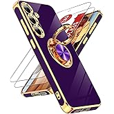 LeYi for Samsung Galaxy S24-FE Case: with 2 Pack Tempered Glass Screen Protector and 360° Rotatable Ring Holder Magnetic Kickstand, Plating Rose Gold Edge for S24 FE 5G Case, D-Purple