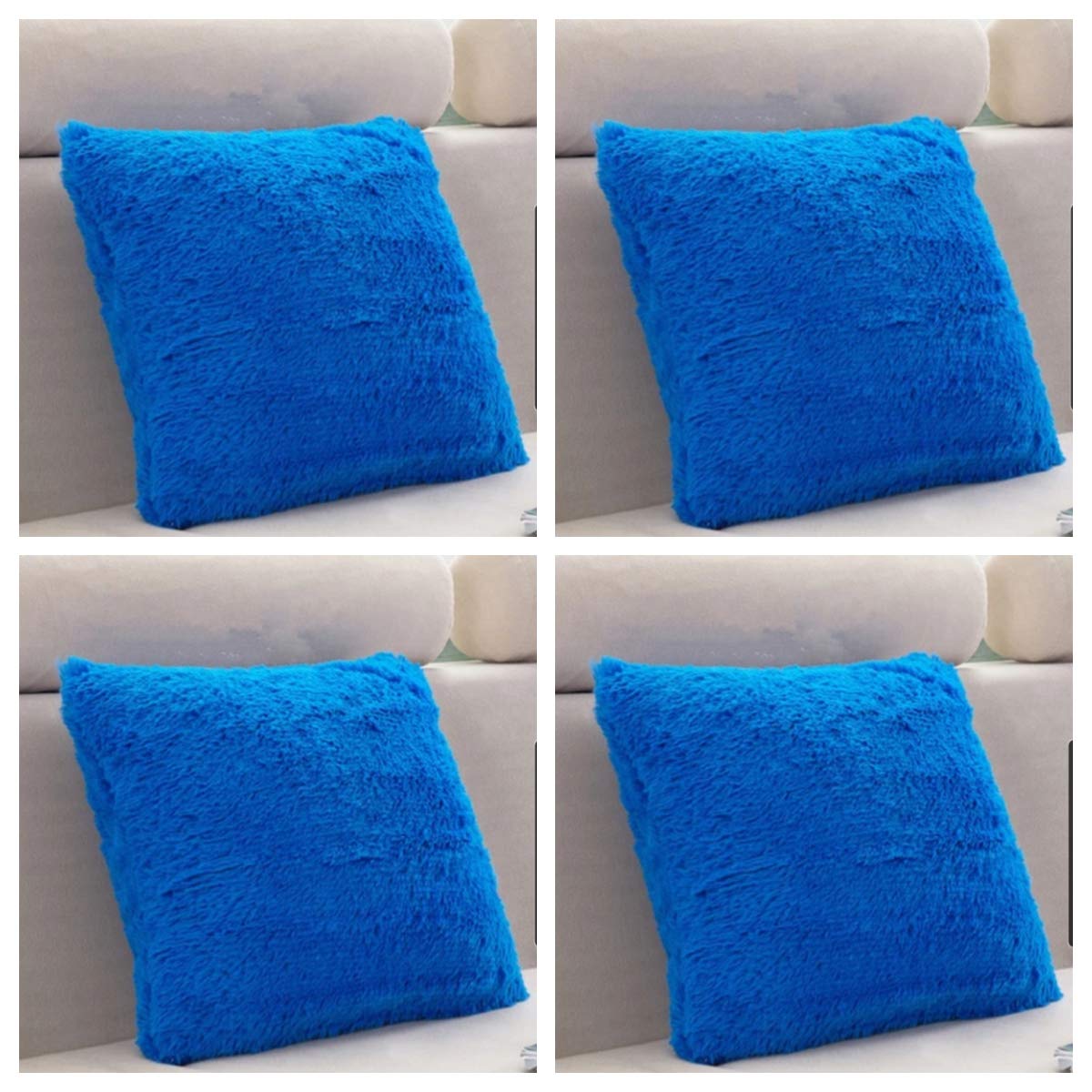 SET OF 4 - Extra Soft Teddy Bear Faux Fur Fleece Cushion Covers 45cm x 45cm / 18x18-14 Amazing Colours (Blue)