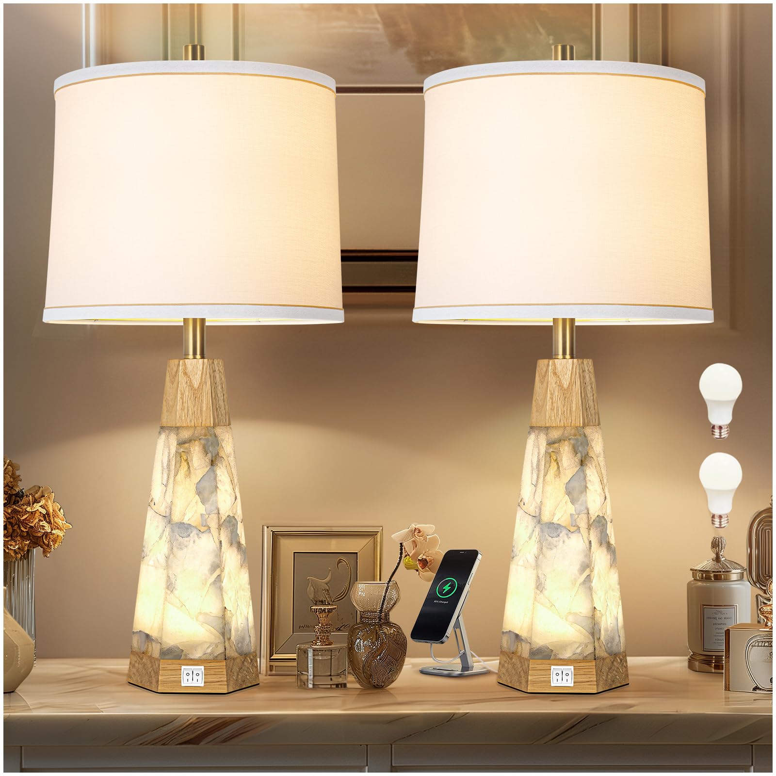 Photo 1 of 27" Natural Alabaster And Real Wood Table Lamp Set of 2 With Night Light Nightstand Lamps With USB Ports White Linen Fabric Shade Bedside Lamp Decor For Living Room Bedroom Home Office Hotel Bar House