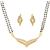 Touchstone Indian Bollywood Style Rhinestone Zirconia CZs Black Beads Symbolic Designer Jewelry Mangalsutra Set in Gold Or White Tone for Women.