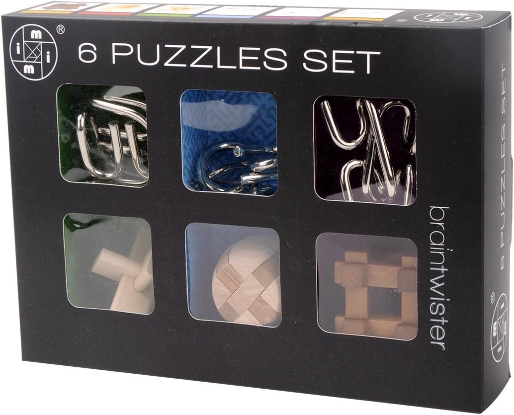 Hipsteen Brain Teaser, IQ Test Mind Game Toys Logic Brain Teaser Set Metal Puzzle Cube Wooden Kong Ming Lock for Children Adults Set of 6