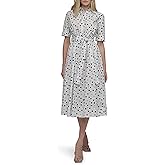 DKNY Womens Short Sleeve Cotton Poplin Collared Midi Shirtdress