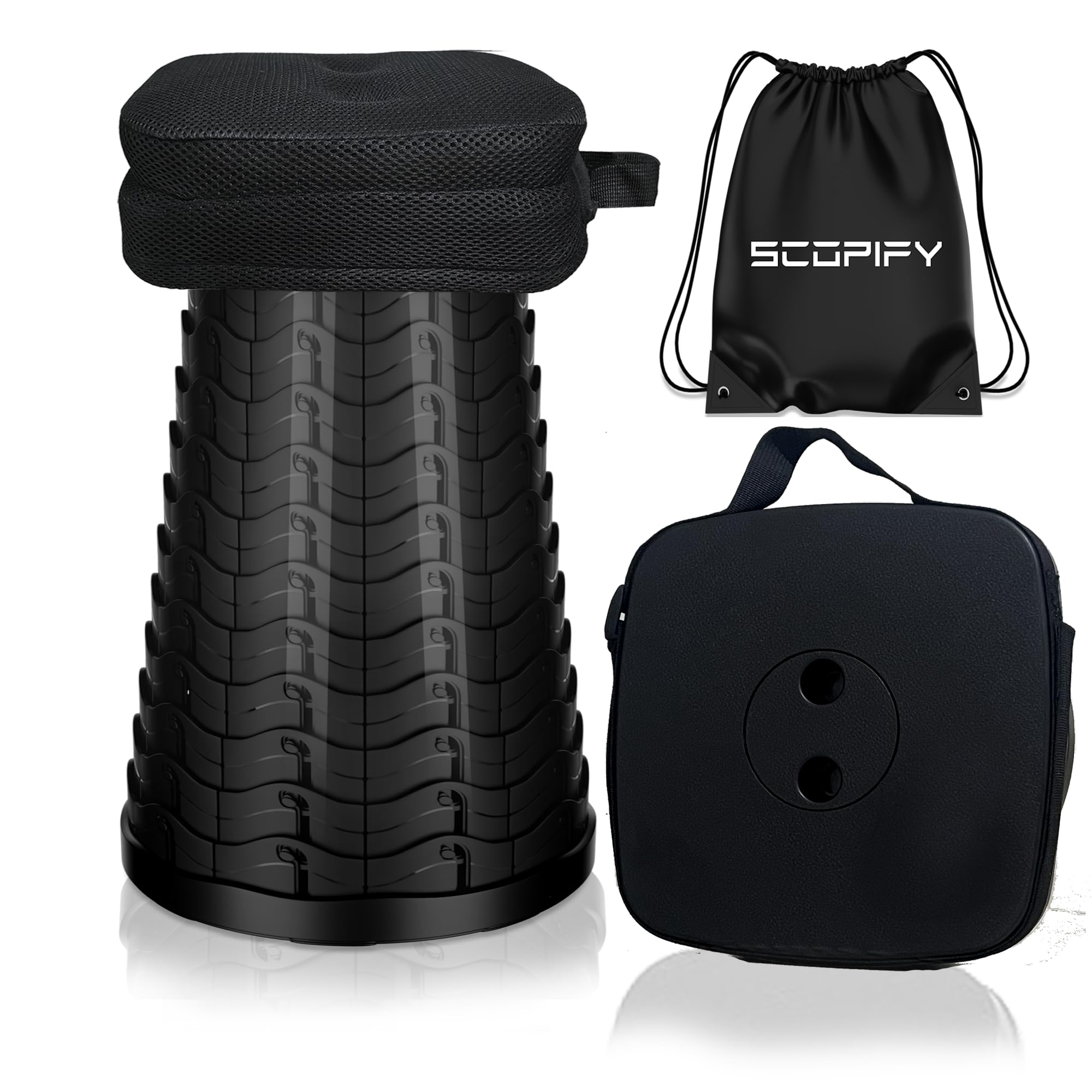 SCOPIFY Collapsible Telescopic Folding Stool with Cushion & Carry Bag, Heavy-Duty Portable Stool for Adults, Adjustable Lightweight Camping Travel Stool, 200KG Capacity