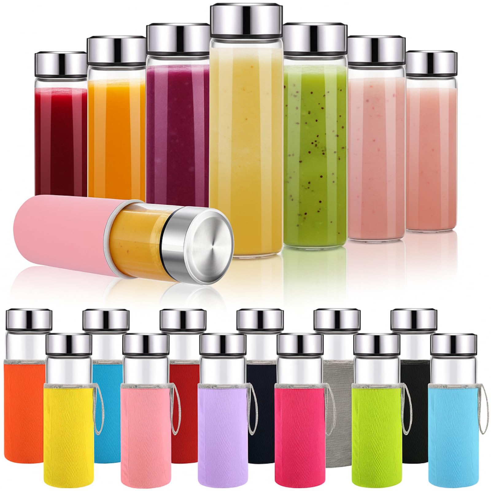 Photo 1 of Vesici 12 Pcs 18 oz Glass Juice Bottles Bulk Wide Mouth Glass Water Bottles with Stainless Steel Lid Sleeve, Reusable Leakproof Jars with Colorful Protection Sleeve for Shaker Cup Juice Smoothies
