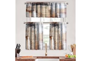MCALK Brown Thin Kitchen Curtains Tiers and Valances Set 3 Piece for Windows Beige Kitchen Window Curtains Set,Modern Abstract Art Valances for Living Room(36" Tiers Set)