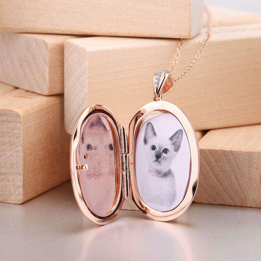 Santuzza 925 Sterling Silver Pendant Peacock Colorful Handmade Enamel Photo Locket Cubic Zirconia Trendy Jewelry (Rose Gold)