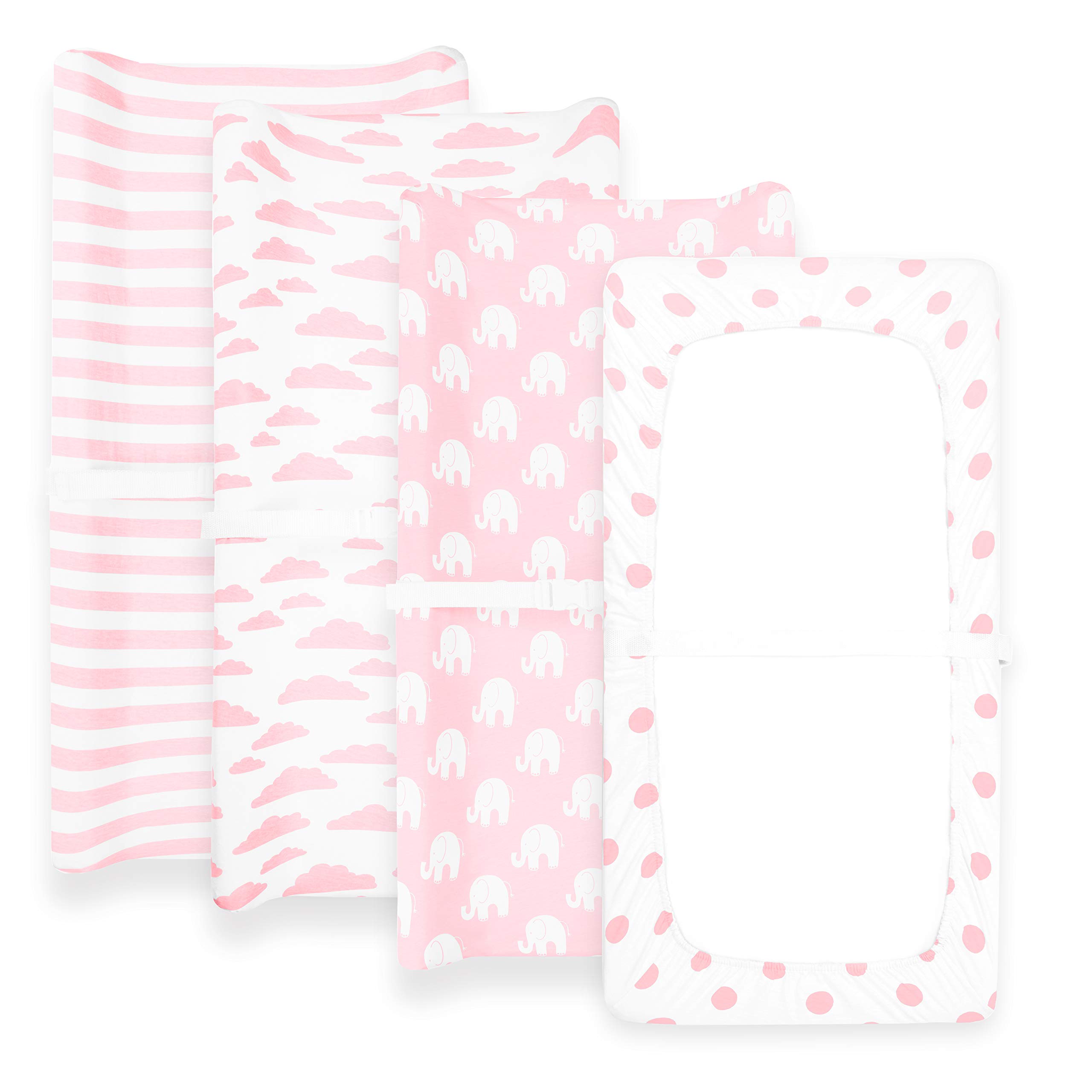 Premium Baby 4 Pack Girl Pure Jersey Machine Washable Pink and White Changing Table Cover – Diaper Changing Pad Cover Sheets