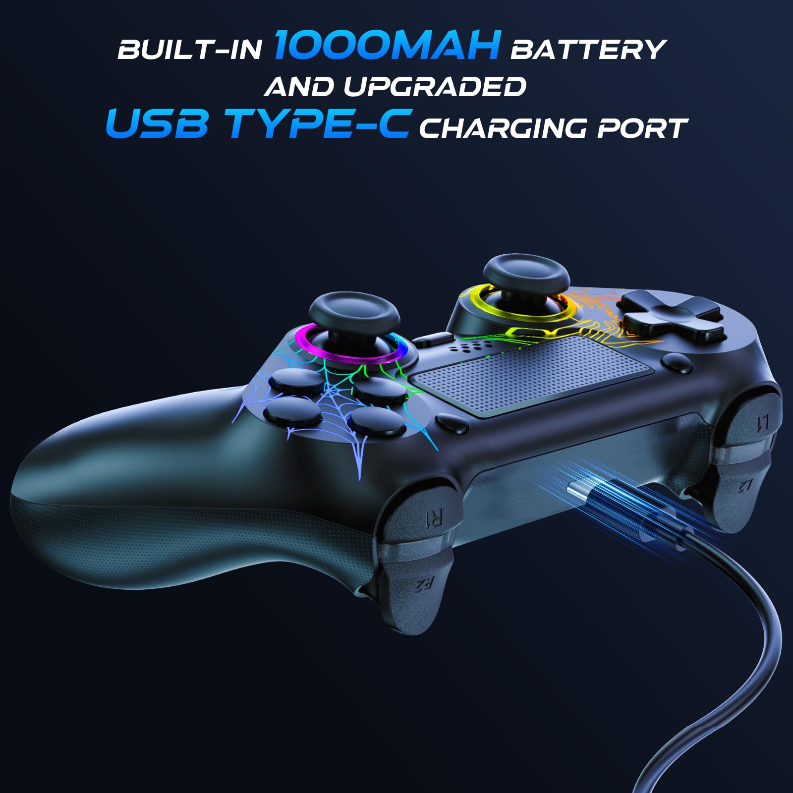 Fanyooge Controller for PS4, 2 Pack Spider Pattern RGB Controller for Ps4 with Hall Effect Joystick/1000mAh Battery/USB C/Dual Vibration/6-Axis Gyro/3.5mm Audio Jack