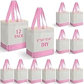 Sanwuta 12 Pack Mini Canvas Tote Bag 8'' x 4'' x 10'' Small Sublimation Blank Canvas Bags Reusable Tote for Christmas Crafts DIY Party Gifts (Pink)