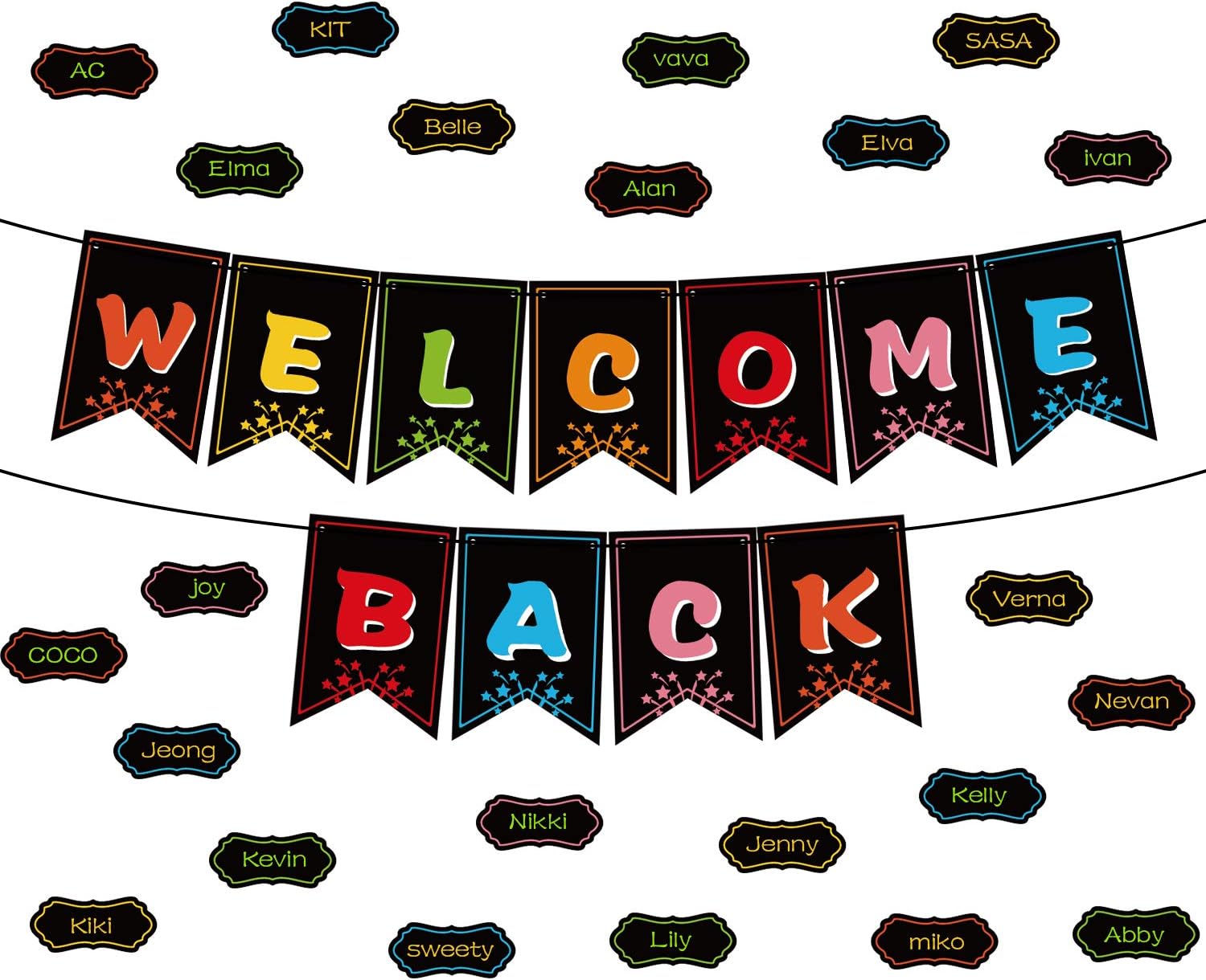 Classroom Decorations Welcome Banner, Welcome Bulletin Board Banner Welcome Chalkboard Brights Pennants with 50 Dry Eraser Multi-Purpose Cards and 80 Glue Point Dot (Welcome Back Banner)