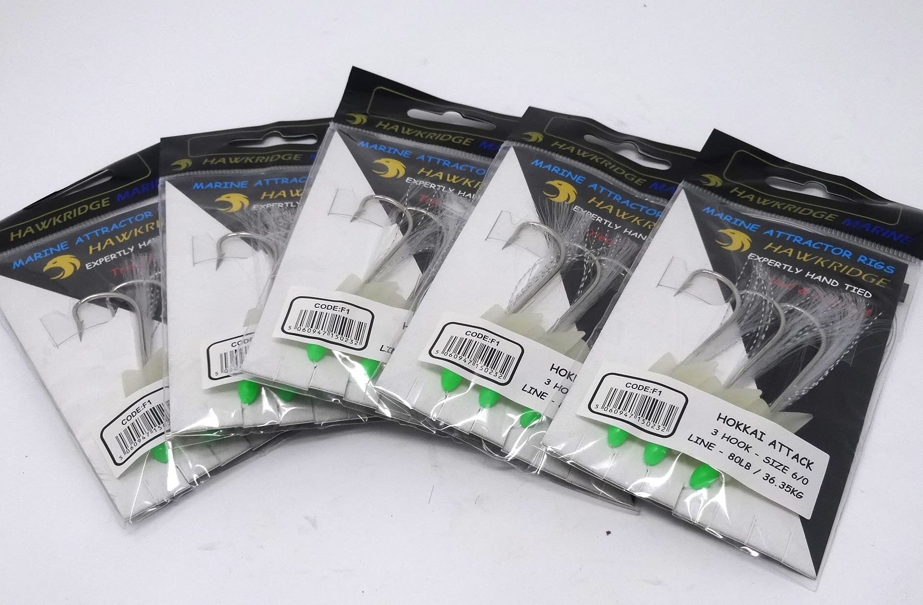 HAWKRIDGE MARINE RIG PRO SERIES - HOKKAI ATTACK 5 Packs of Single Type Commercial Quality Sea Feather Lure Fishing Rigs - for Sea Boat Shore for Mackerel, Herring, Bass & Cod