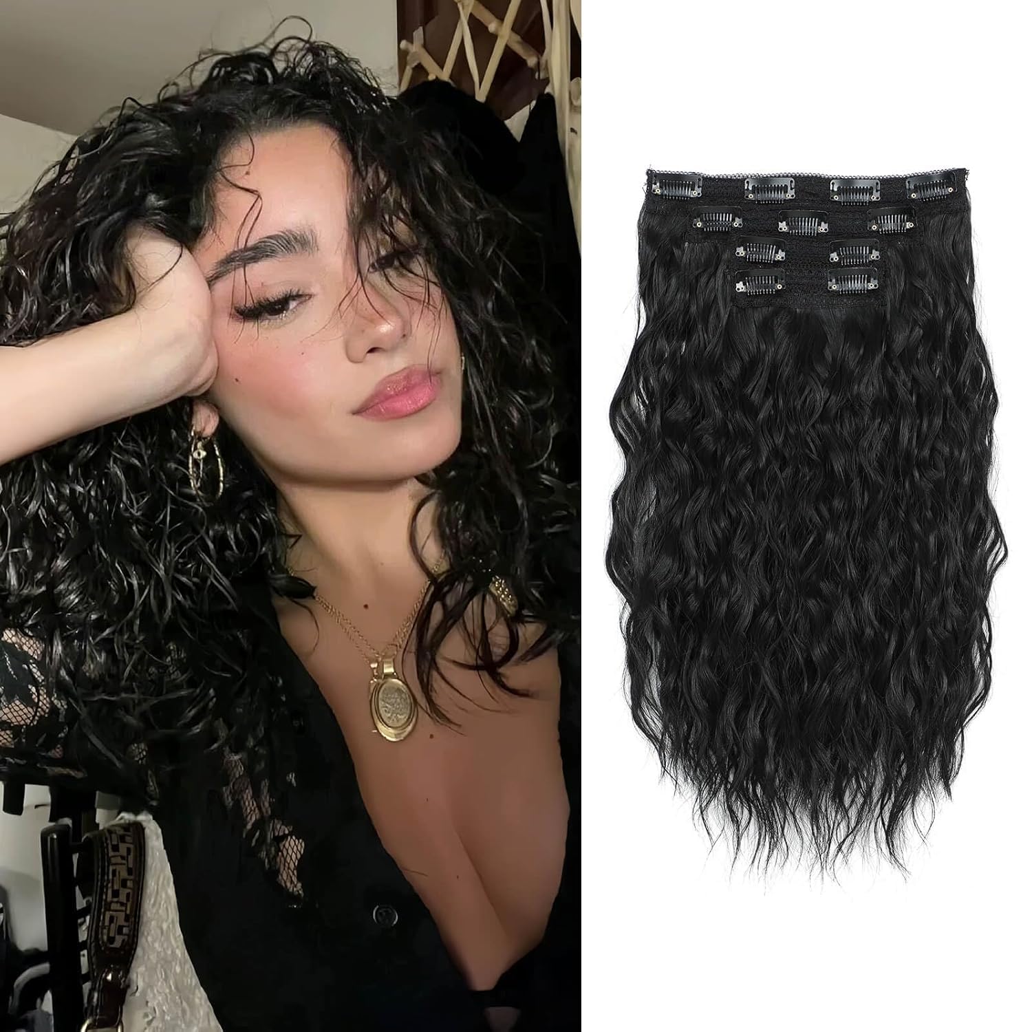 Flyroseing Black Hair Extensions Clip in, 4PCS 16" Short Curly Hair Extensions Seamless Lace Weft Natural Soft Mermaid Waves Hairpieces for Women