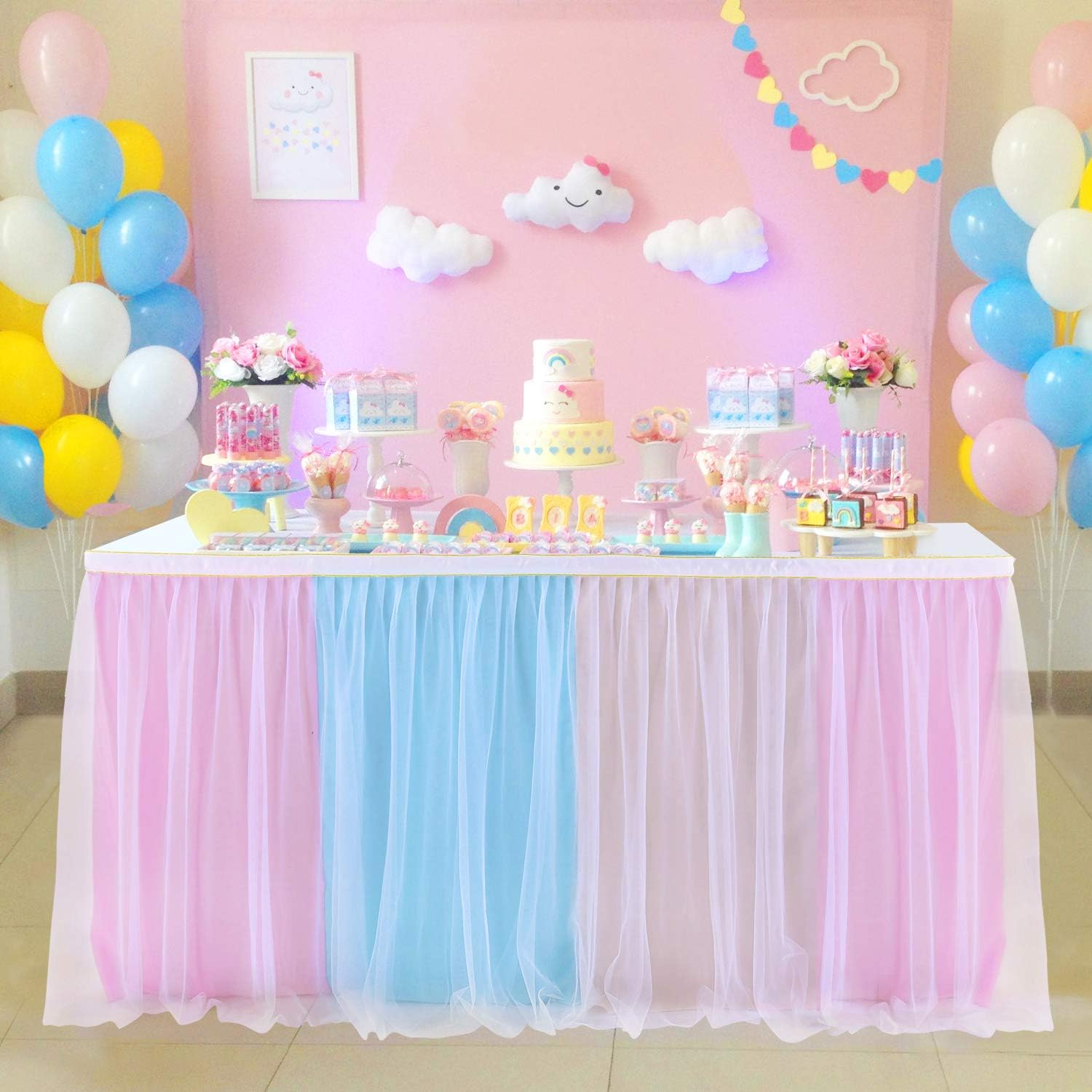 6ft Rainbow Tulle Table Skirt for Boy or Girl Gender Reveal Unicorn Tutu Table Skirt Cover for Baby Shower Unicorn Birthday Party Cake Dessert Decoration(Multicolor, L6(ft)*H 30in)