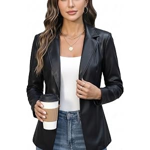 Ommiivex Women Leather Jacket Faux Slim Fit Ruched Sleeve Blazers for Casual Business Interview Semi Formal Work Outfit