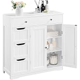 Topeakmart Freestanding Bathroom Storage Cabinet, 4 Drawers &amp; 2 Doors White | Floor Cabinet Organizer for Small Baths, Halls, Adjustable Shelf and Closed Space Stow Towels and Toiletries, Beadboard MDF.