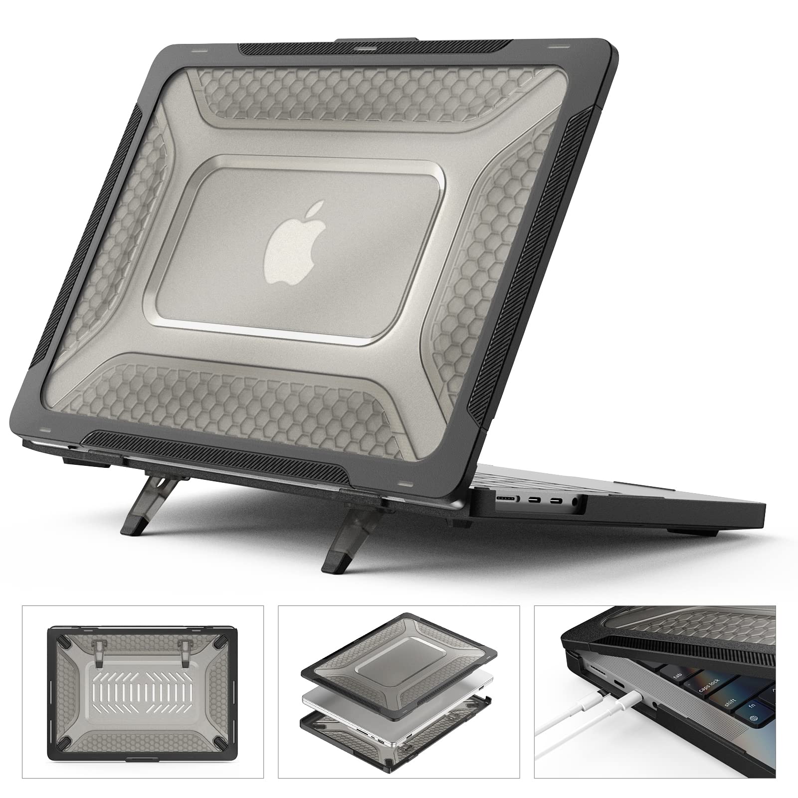 SEYMCY Cover Compatible with MacBook Air 13 Case 2020 2019 2018, Anti-Scratching Hard Shell Protective with Foldable Stand M1 A2337 A2179 A1932 - Black