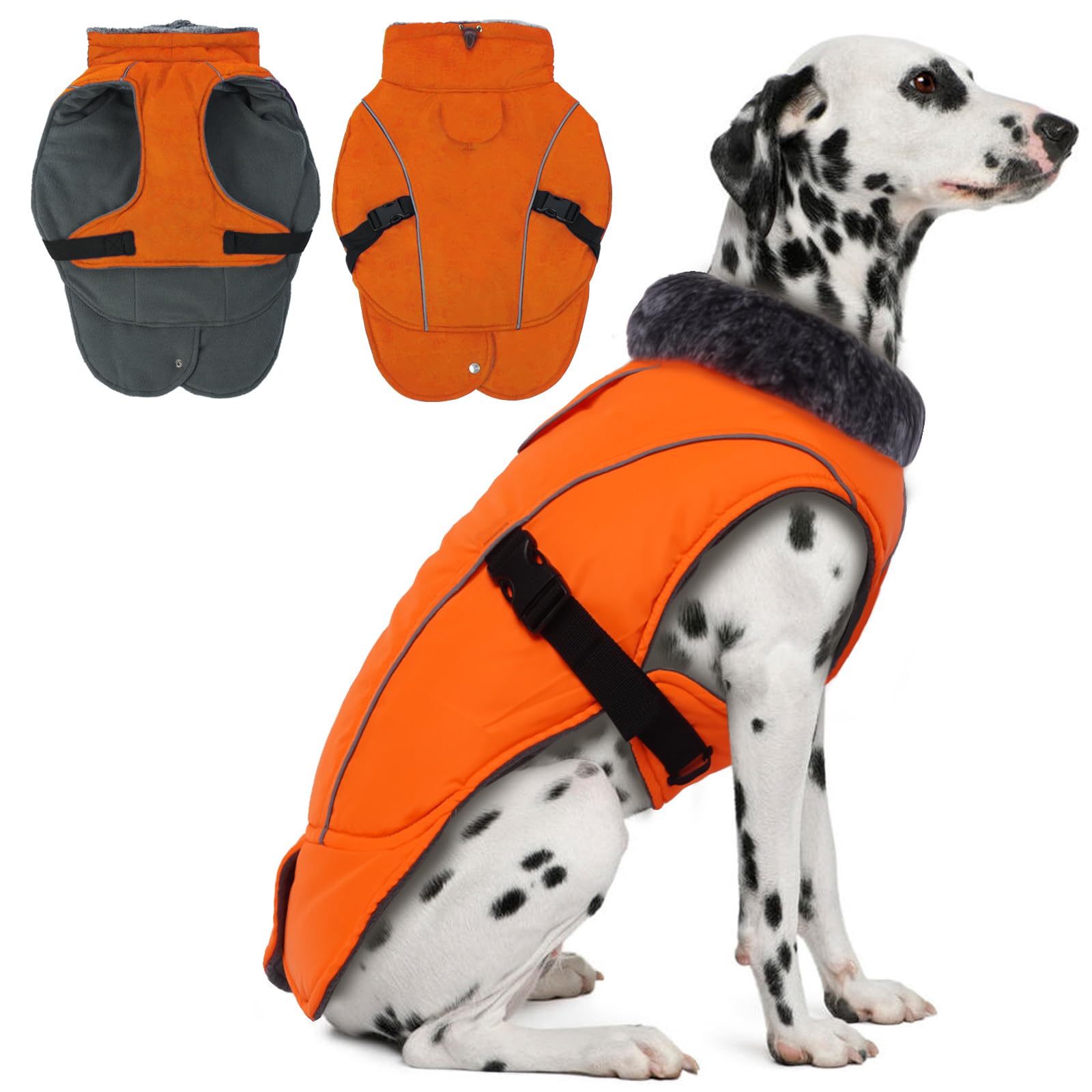 Photo 1 of DENTRUN Winter Warm Dog Coat Reflective Jacket with Turtleneck for Cold Weather, Adjustable Buckle Windproof Water Repellent, Thick Snowsuit Fleece Vest for Small, Medium, Large Dogs, Orange, XL