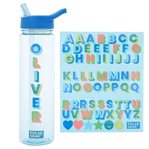 Polar Gear 600ml Kids Water Bottles with Straw and A-Z Sticker Sheet | Personalised Water Bottle Kids Can Decorate | Customisable Childrens Drinks Canteens for Boys and Girls for School, Sports, Home