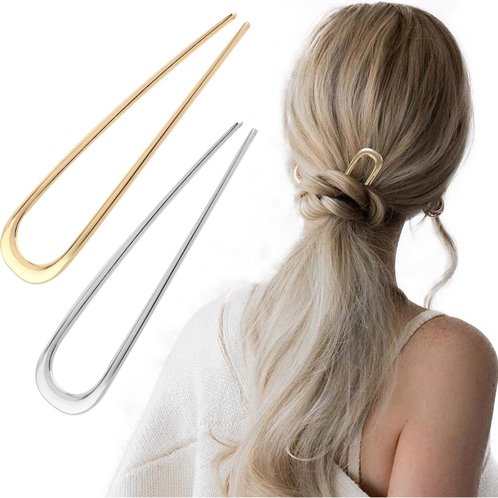 Pack of 2 French Hair Pin U-Shaped Hair Pin 14.2 cm Large Metal French Pin for All Hair Types of Women (Gold & Silver)