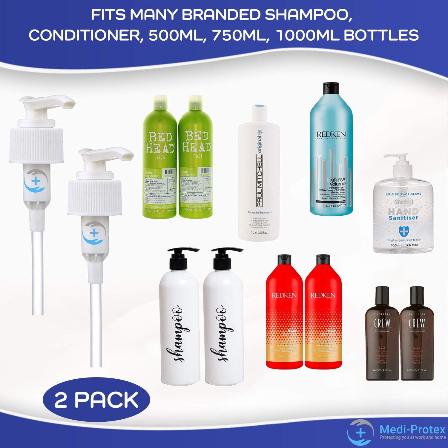 Shampoo Pump Dispenser 1000ml 750ml 500ml Pump Dispenser (2 Pack). Fits Wide Range Shampoo and Conditioner Dispenser. No More Morning Bed Head Pumps Fit 28mm Standard Screw Top Bottles - Image 5