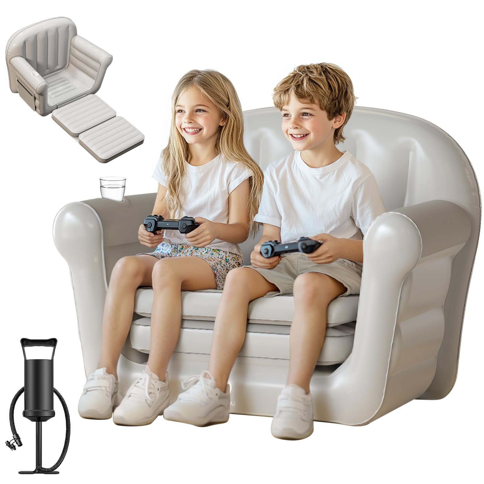 Photo 1 of QPAU Inflatable Couch, Extra Wide 2-in-1 Toddler Couch Fold Out with Plush, Convertible Kids Couchs to Lounger for Baby Boys Girls, Portable Sleeper Sofa for Home Camping Travel