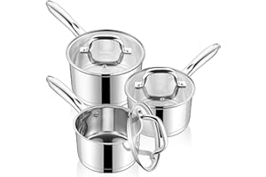 LIANYU Stainless Steel Saucepan Set of 3, 1QT & 2QT & 3QT Sauce Pan with Lids, Induction Compatible Cooking Pots, Heavy Duty 