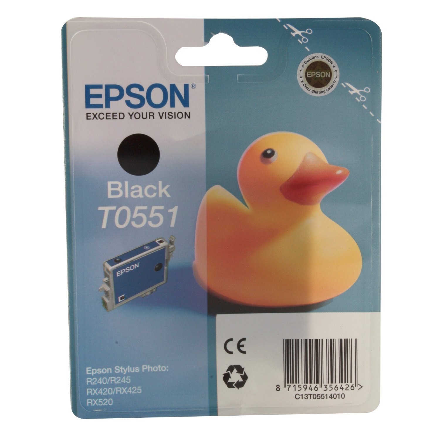 Epson T0551 Black Ink Cartridge for Printers (Original, Pigment-Based Ink, Black, Epson, Stylus Photo RX520 - Stylus Photo RX425 - Stylus Photo RX420 - Stylus Photo R240, 1 Piece)