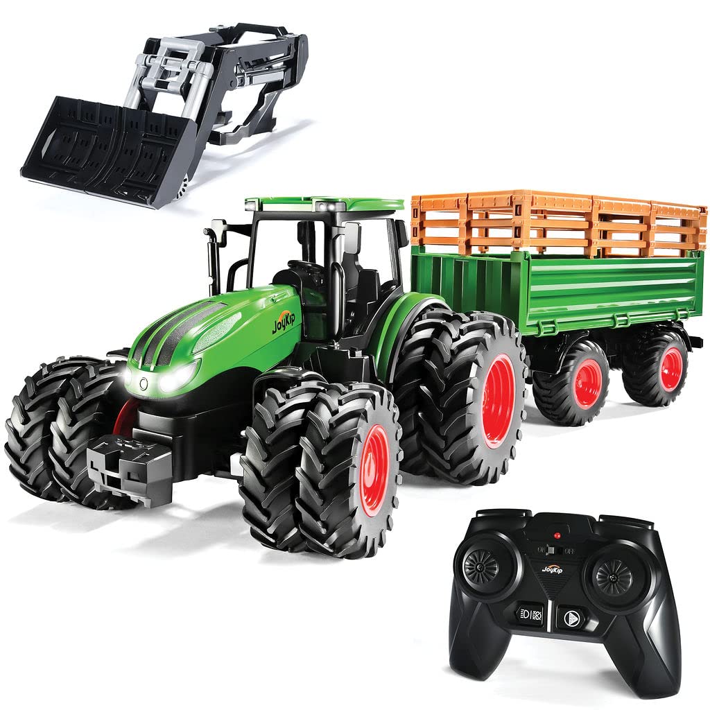 JoyKip Remote Control Truck and Trailer Set RC Kids Tractor Farm Toy with Lights and Sound - Front Loader, Metal Cab, 8 Wheels - Gift for 3-8 Years Old Boys & Girls