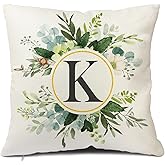 Snycler Monogram Letter K Throw Pillow Covers Floral 18x18 Inch, Greenery Spring Pillows Decorative Throw Pillows Pillowcase Summer Farmhouse Decor for Couch Sofa, Family Last Name Initial Pillow Case