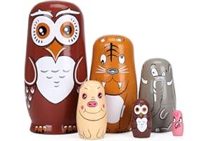 Bgraamiens 6pcs Beautiful Handmade Wooden Animal Nesting Dolls Present Russian Nesting Wishing Dolls Matryoshka Traditional (Brown Owl)