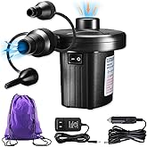 Electric Air Pump, 110V AC/12V DC Portable Air Mattress Two-Way Universal Inflator Pump for Inflatables Pool, Airbeds, etc with 3 Nozzles and Storage Bag