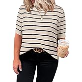 Eytino Women Plus Size Sweater Tops Short Sleeve Crewneck Striped Tshirts Casual Summer Blouses Shirts(1X-5X)