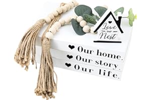 TARKLANDA Wood Decorative Books for Home Decor,5pcs Rustic Farmhouse Book Stack Wood Faux Books for Living Room Book Shelf Decor Decorative Books Display with Wood Bead Tassels and Leaves for Home Decor