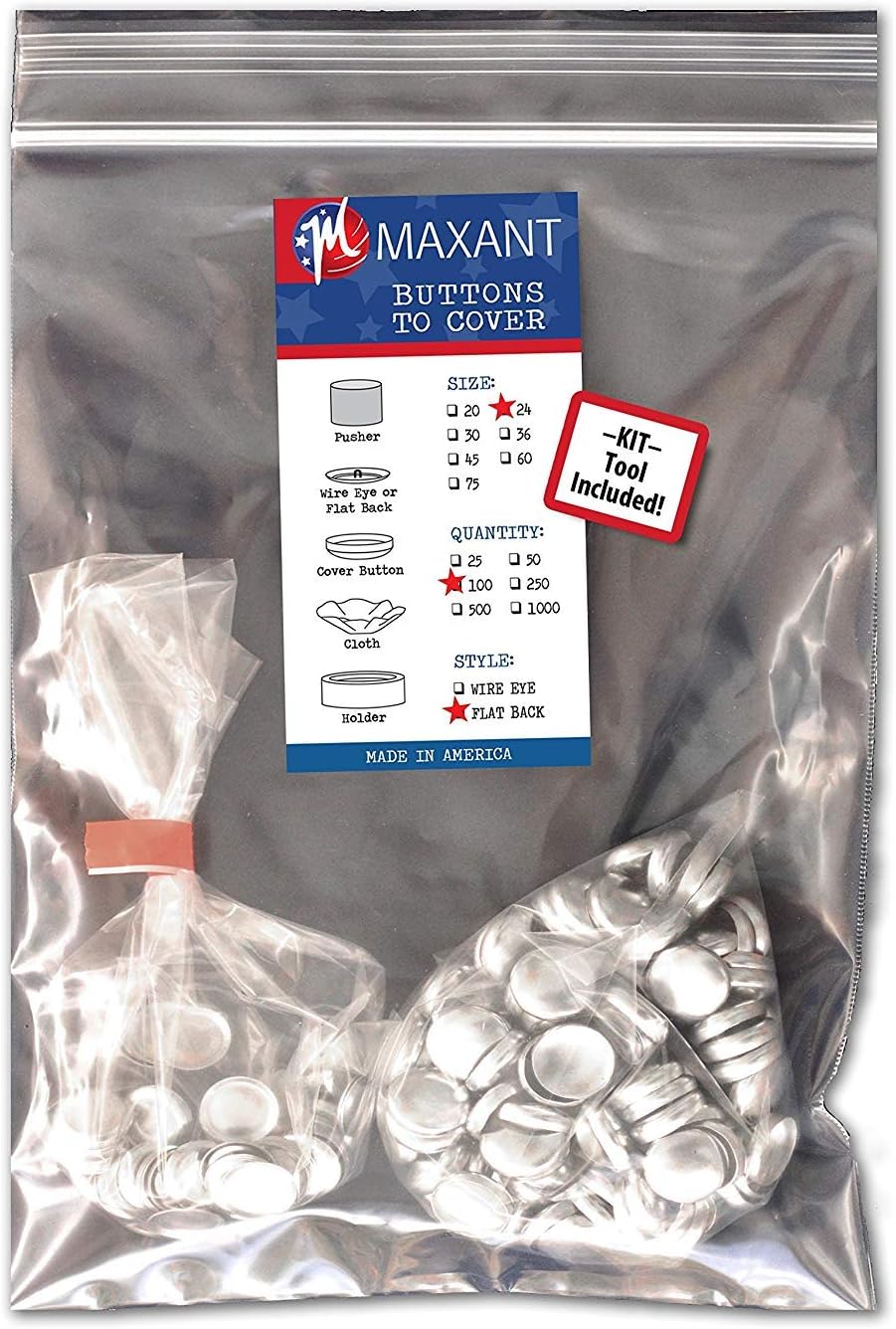 100 Buttons to Cover - Made in USA - Self Cover Buttons with Flat Backs - Size 24 (14.5mm) with Tool