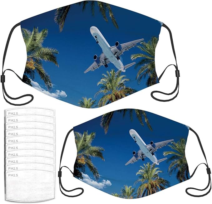Face Mask Airplane Approaching Landing On A Tropical Masks Set with 10