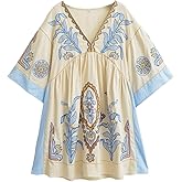 Joiemont Womens Oversized Embroidered Dress with V-Neck and 3/4 Sleeves Vintage Embroidery Babydoll Dress